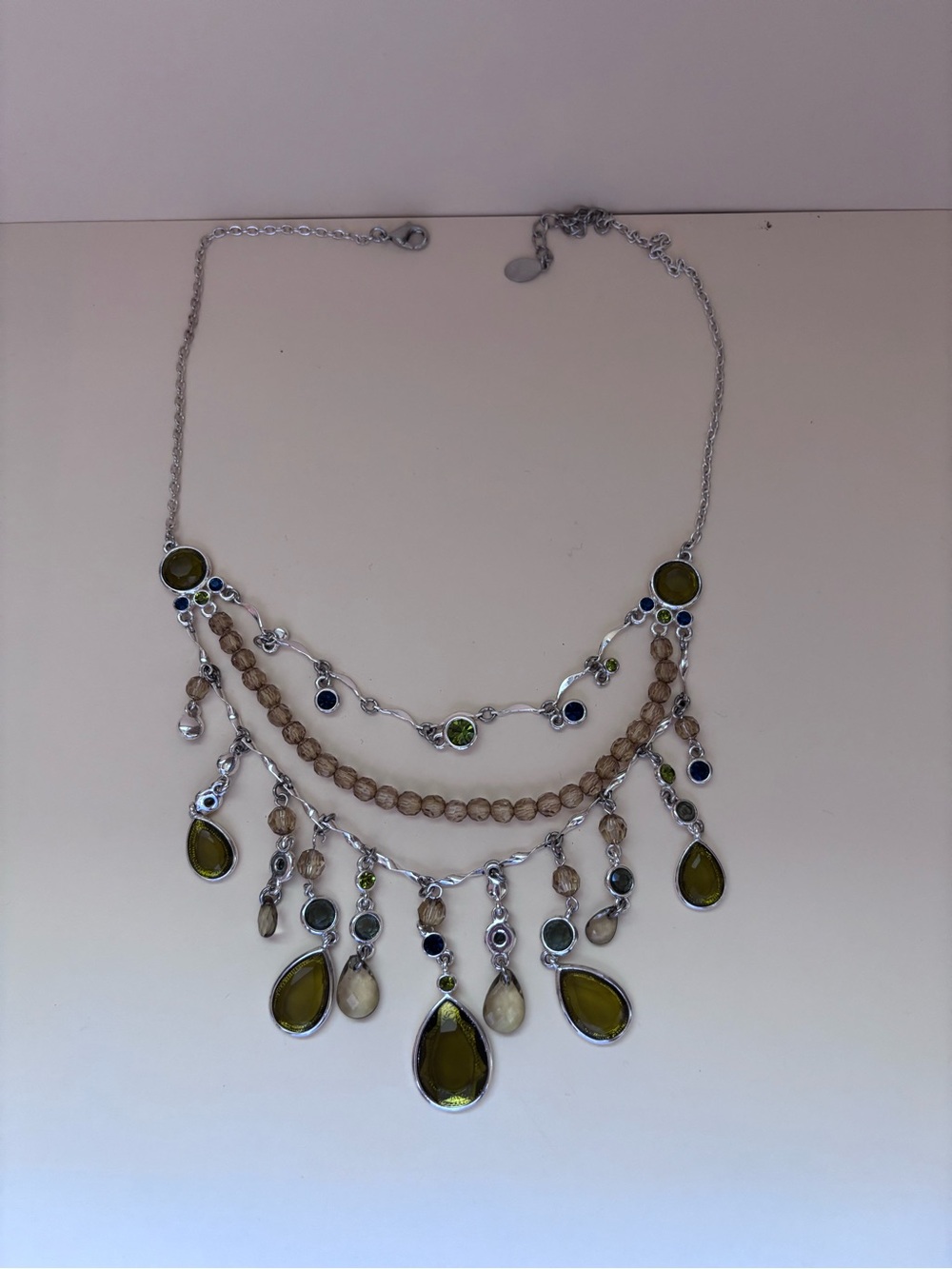 Silver-Tone Olive Green Multi-Drop Statement Necklace